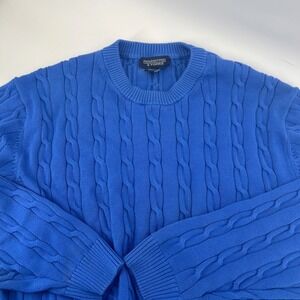ROUNDTREE & YORKE Mens Cable Knit Crewneck Sweater Blue Cotton XL
